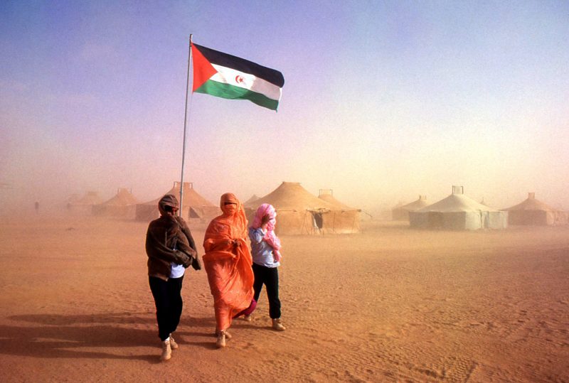 Mujeres saharuis portando una bandera de su pueblo en un campo de refugiados,